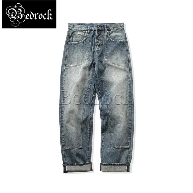 MBBCAR 14.5oz heavy wash selvedge denim baggy jeans men Out Button Fly Paris button loose straight pants motorcycle riding pants 240913