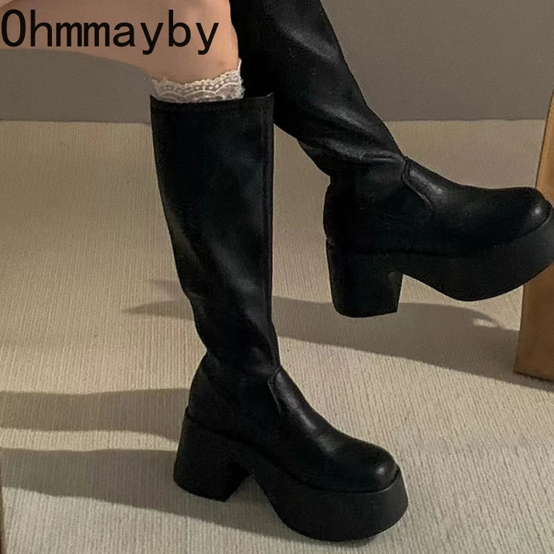 Punk Style Platform Women Knee High Boots Fashion Slip On Thick Heel Shoes Ladies Concise Knight Long Botas De Mujer