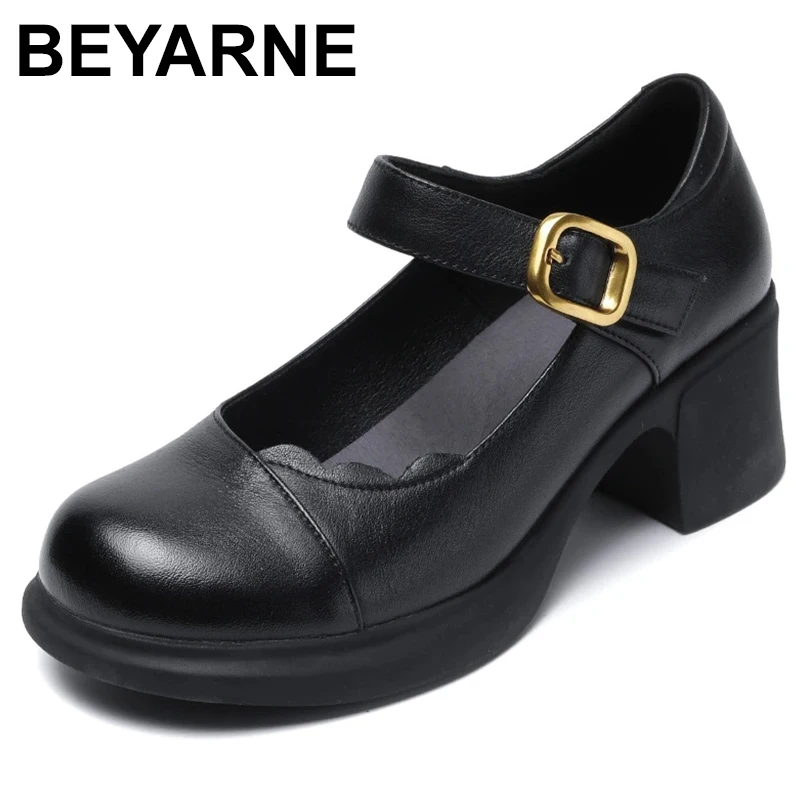 Spring Autumn Shoes Woman Genuine Leather Women Pumps Lady Round Toe Platform Shallow Mouth High Heel Shoes