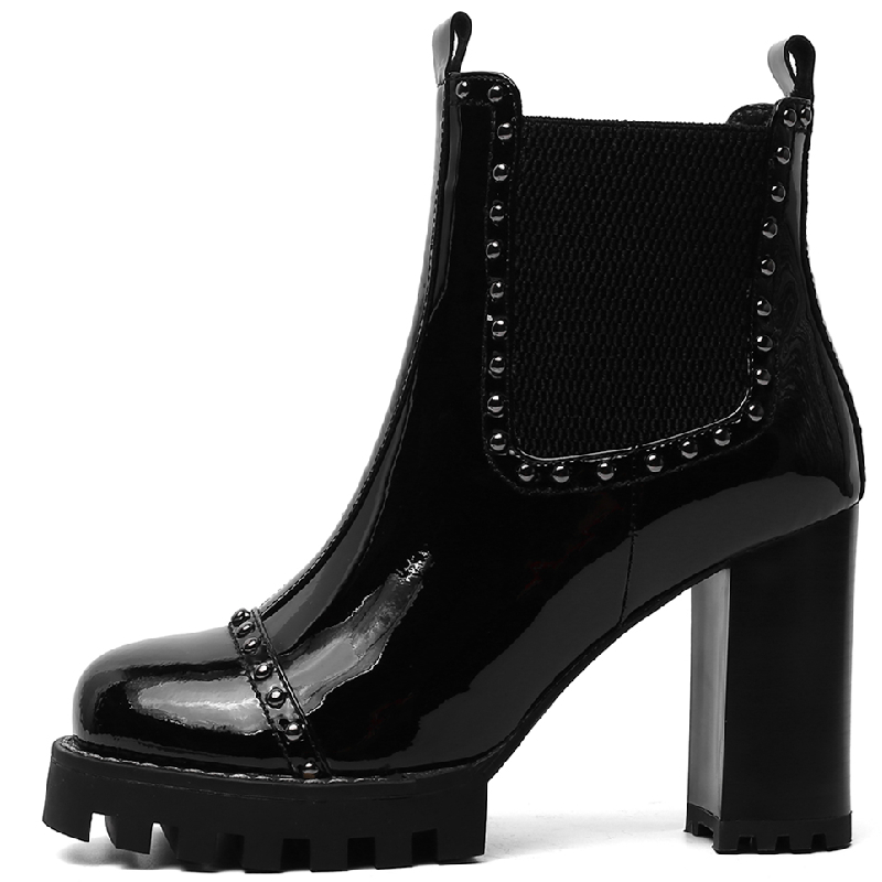 Leather Genuine Ankle Boots For Women Rivets Black Block Heel Short Boot Mirror Metallic Party Shoes y 087a