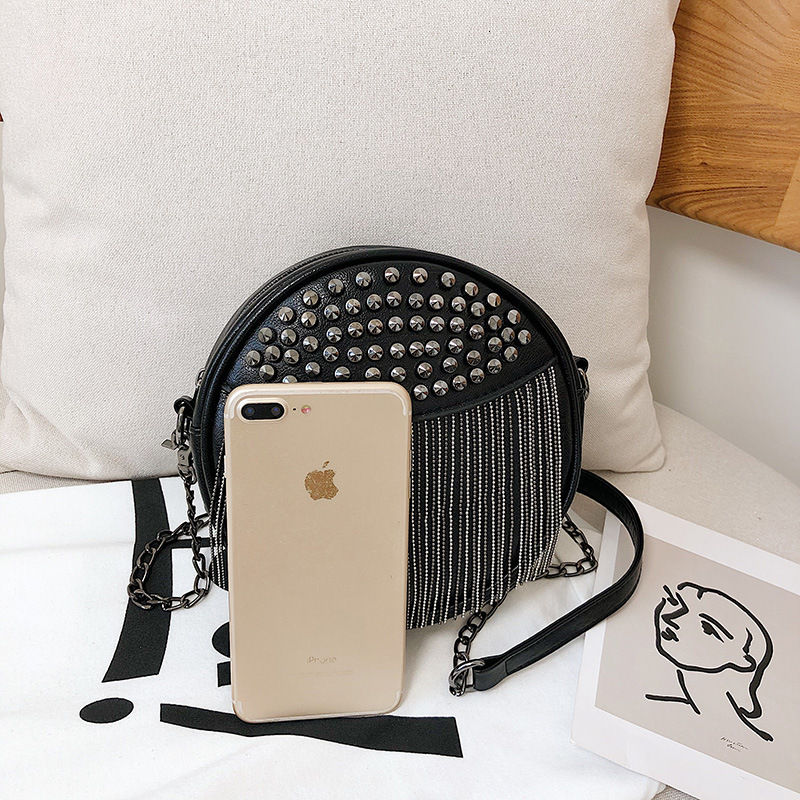 Women's bag black small bag New fashion women's bag rivets pu small round bag trend single shoulder hand fringe small bag