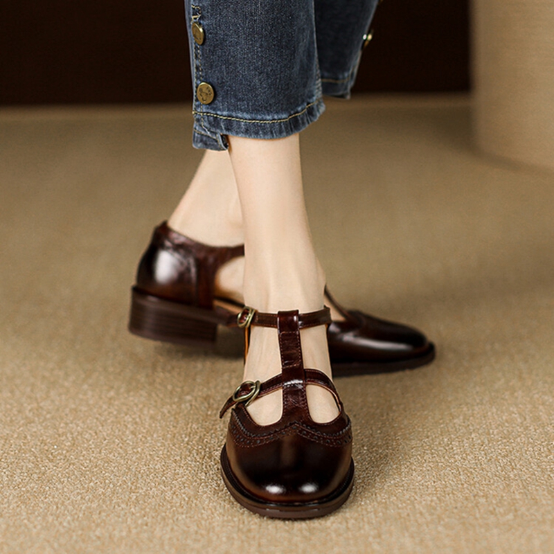 Summer NEW Sandals Genuine Leather for New Women Round Chunky Toe Brogue Cover Heel Black Shoes 8767