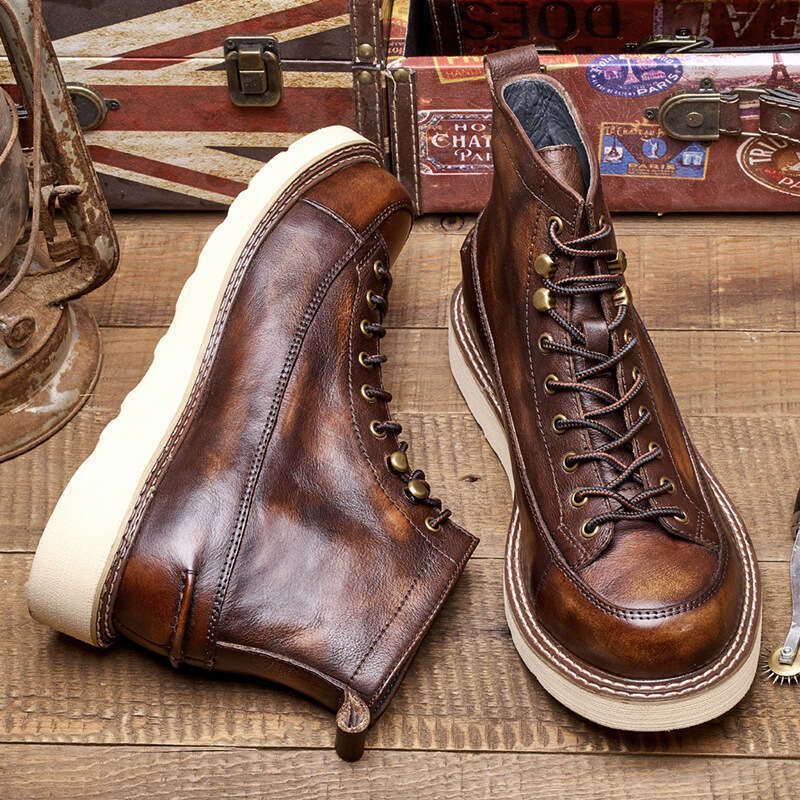 Vintage Men's Ankle Genuine Leather Designer Handmade Platform British Trend Autumn Black Business Boots Shoes Man