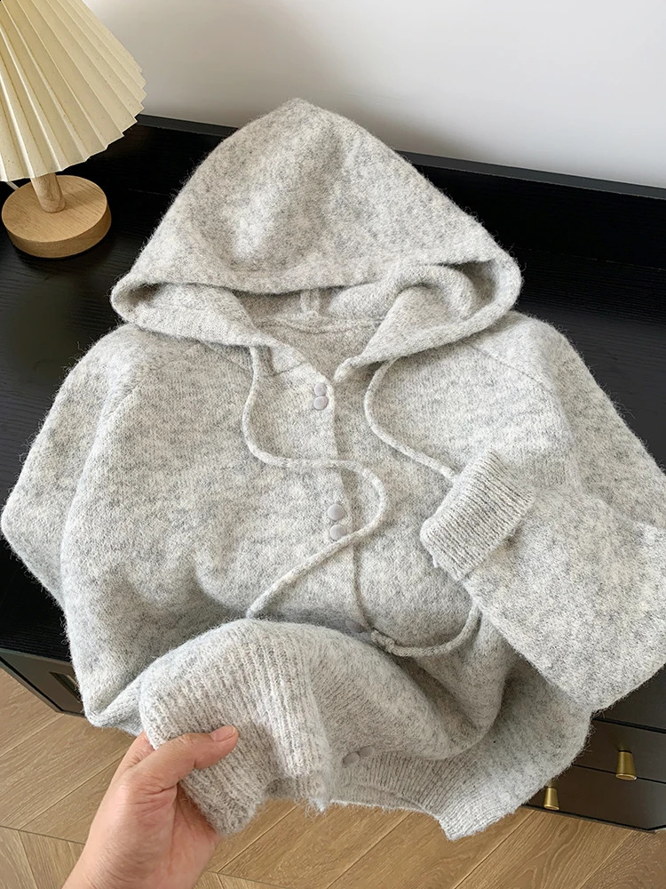 Korean Hooded Knitted Cardigan Women Autumn Winter Fashion Casual Loose Lazy Style Sweater Female Streetwear Coats 240904