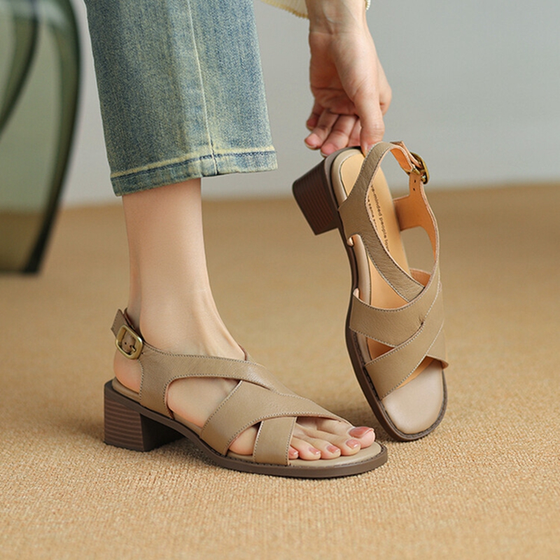Summer NEW Sandals Genuine Leather for Women Open Sgback Round Toe Chunky Heel Beige Gladiator Shoes edc8