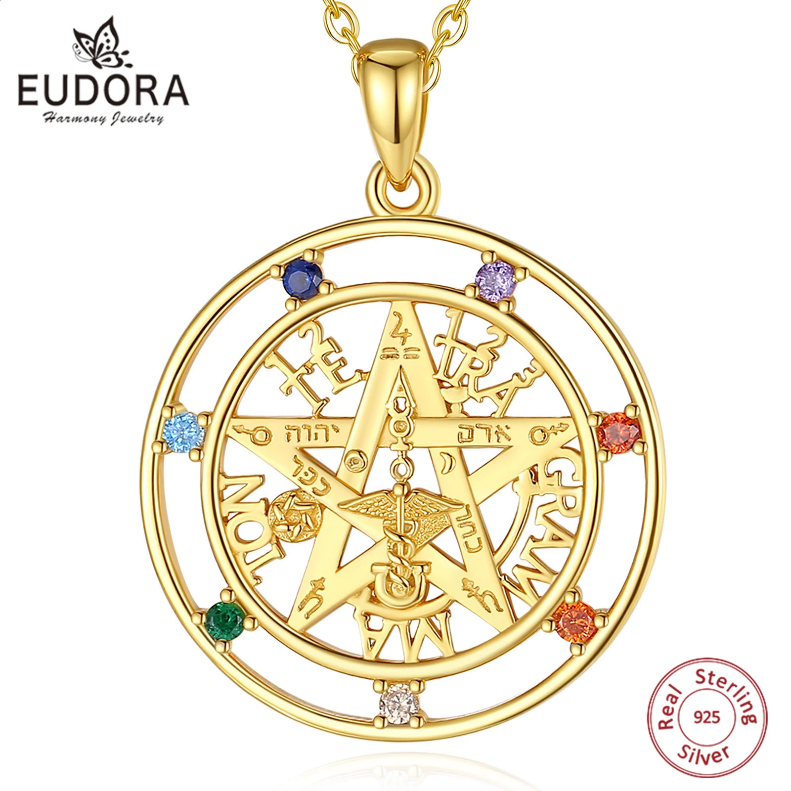 Eudora 925 sterling silver Pentagram necklace for men 18K gold talisman 7color chakra square pendant exquisite jewelry 240912