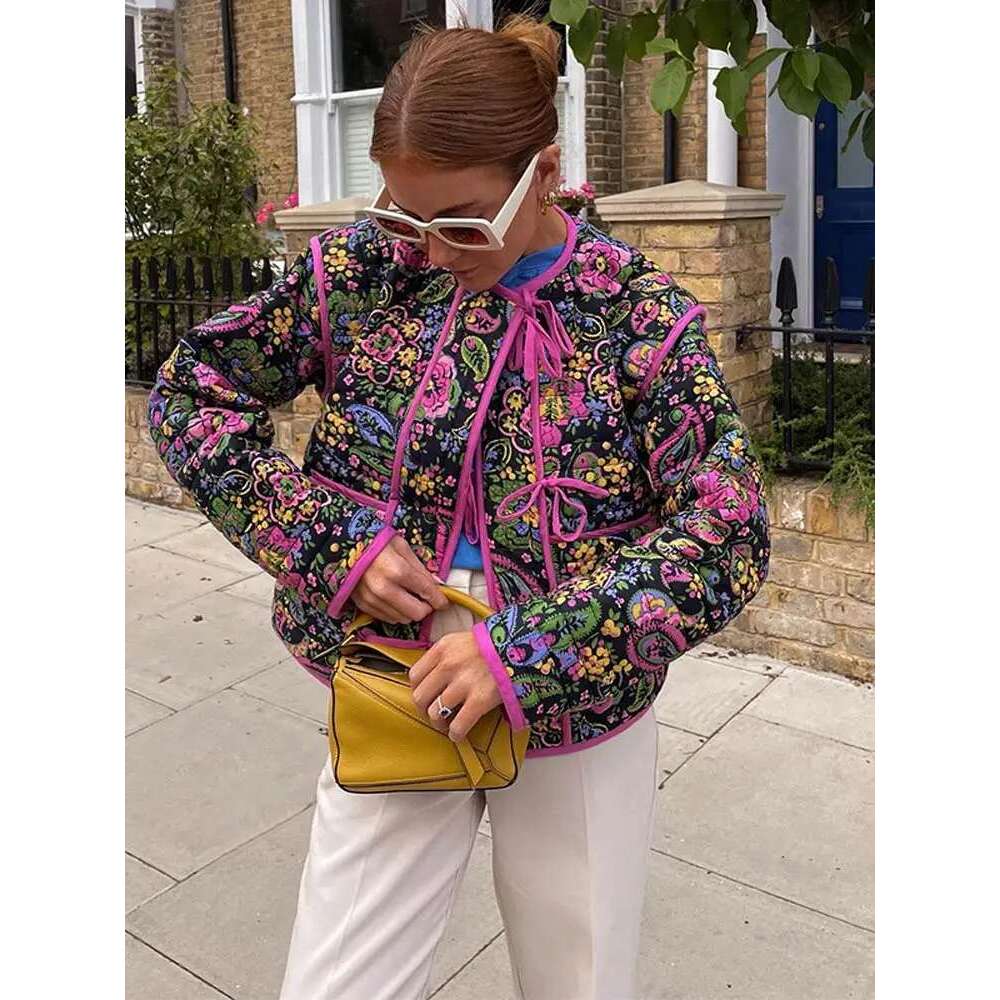 New Women's Vintage Print Bow Lace-Up Cotton Coats Elegant O-Neck Full Sleeve Pockets Jackets Fall Winter Lady Warm Coat
