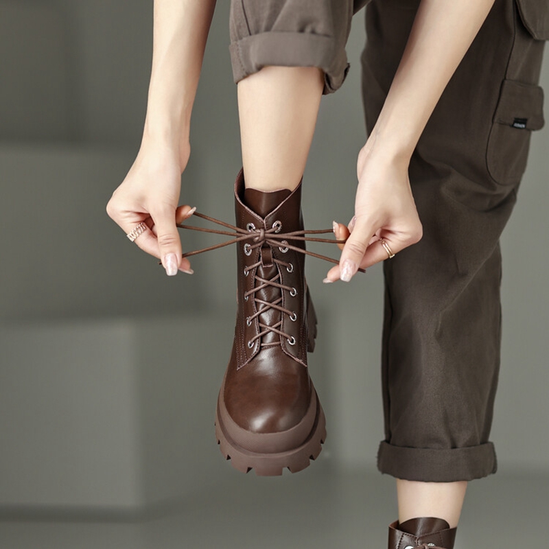 Round Autumn Toe Thick Heel Concise Lace-up Shoes for Women Winter Platform Short Designer Boots b417 Platm