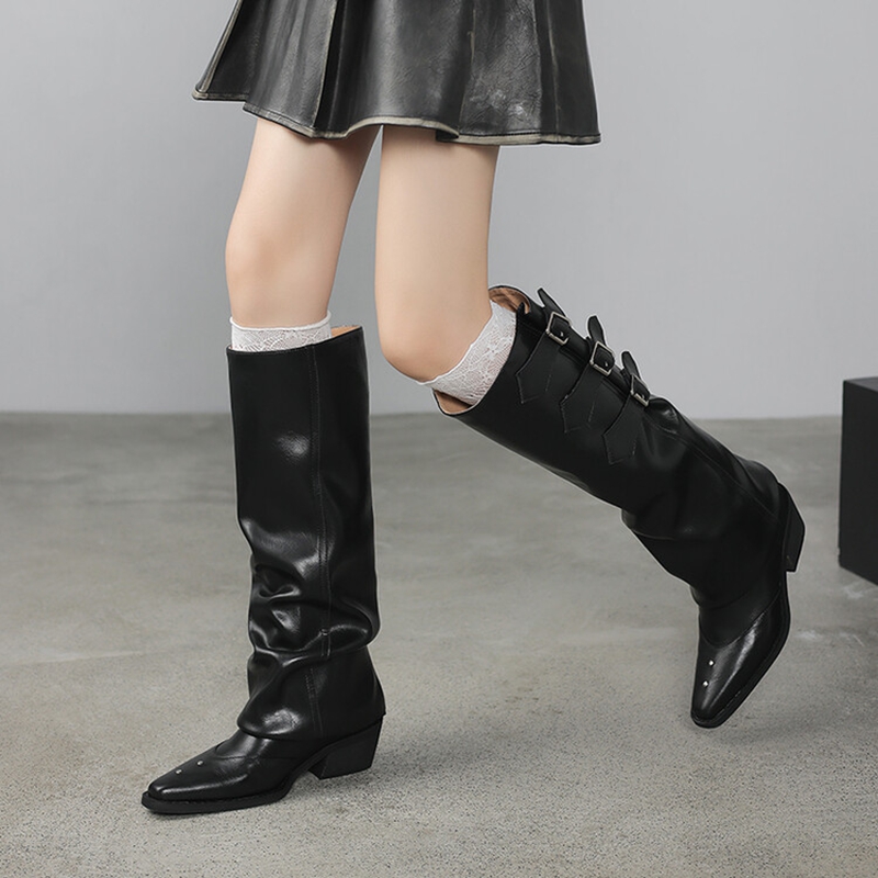 Autumn NEW Pointed Toe Chunky Heel Split Leather Shoes for Women Punk Knee-high Belt Buckle Riding Boots b3e4
