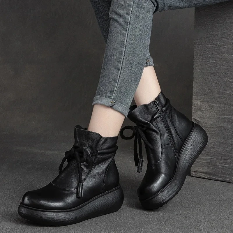 5cm New Genuine Leather Autumn Ethnic Platform Wedge Ankle Mid Calf Booties Woman Super Thick Chunky Boots Rubber Shoes