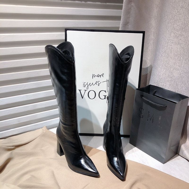 Pointed Chunky Heel Knight for Women PU Leather Knee High Boots Woman 2024 Autumn Winter Western Cowboy Long Botas Mujer