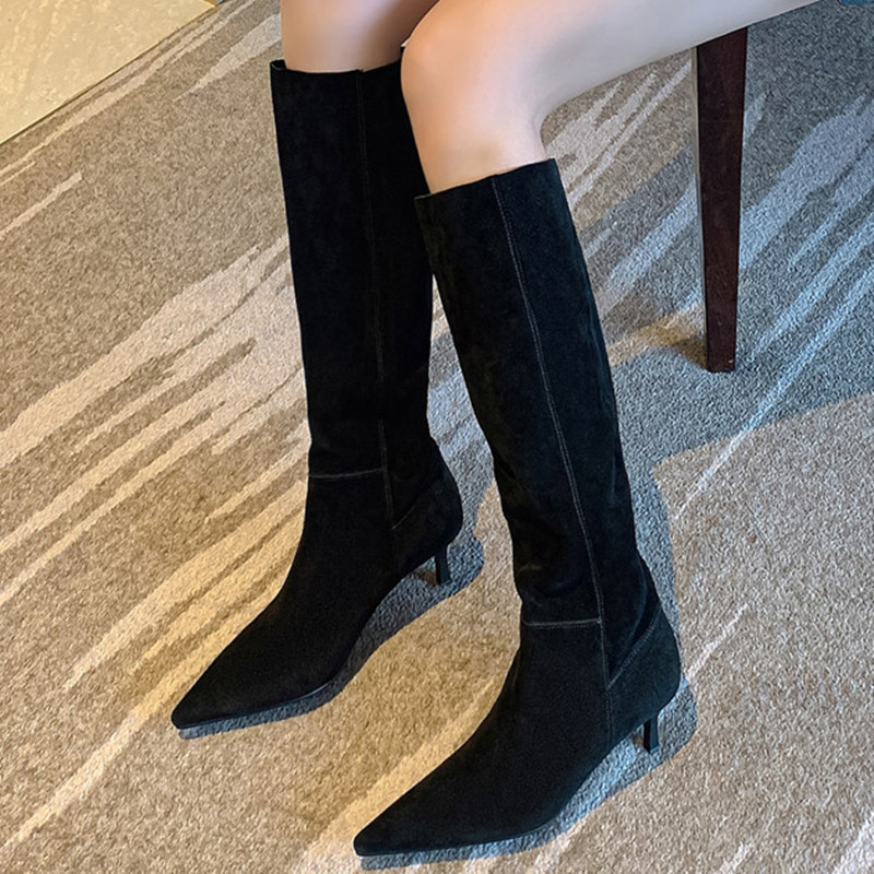 Leather Suede Knee Women Sexy Point Women's High Boots Black Beige Long Tall Shoes Ladies 2023 Autumn Winter ab09 's
