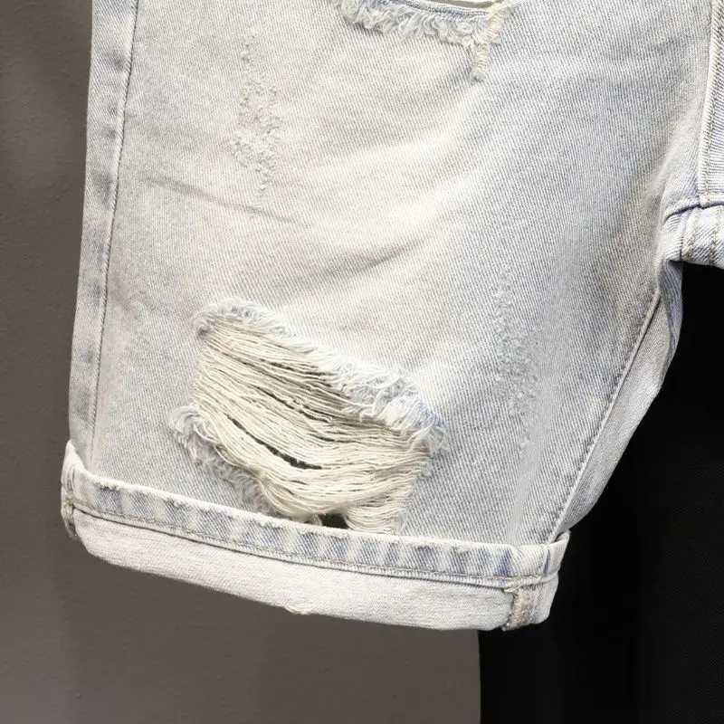 High Quality New Summer Korean Luxury Clothing Design Mens Casual Denim Shorts Distressed Cat Whisker Streetwear Short PantsX240914