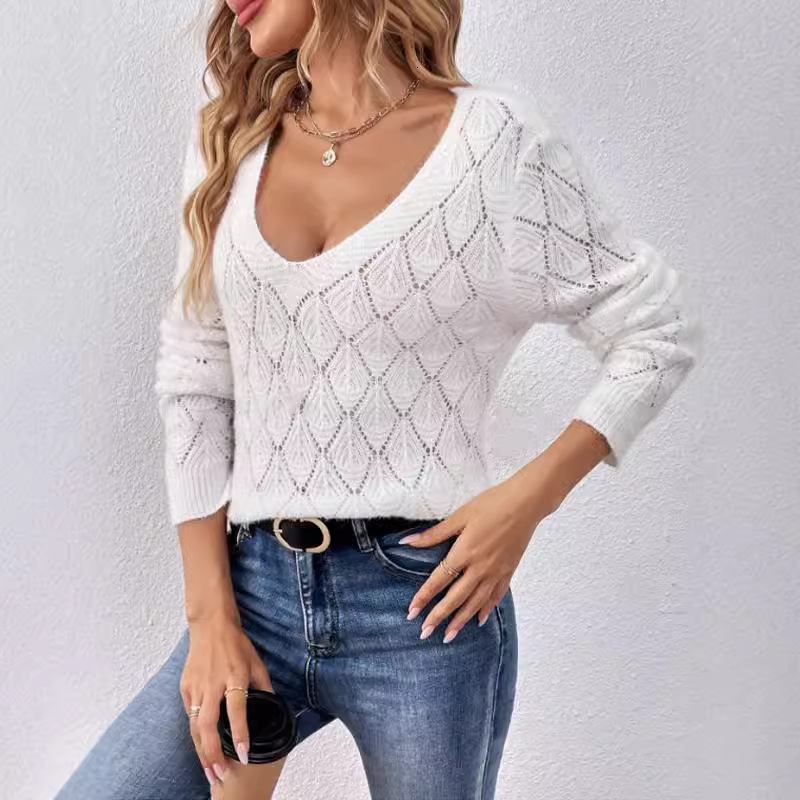dongdumaoyi New autumn and winter V-shaped sweater long sleeved pullover knitted sweater loose casual lazy style solid color knitted sweater F0914#40