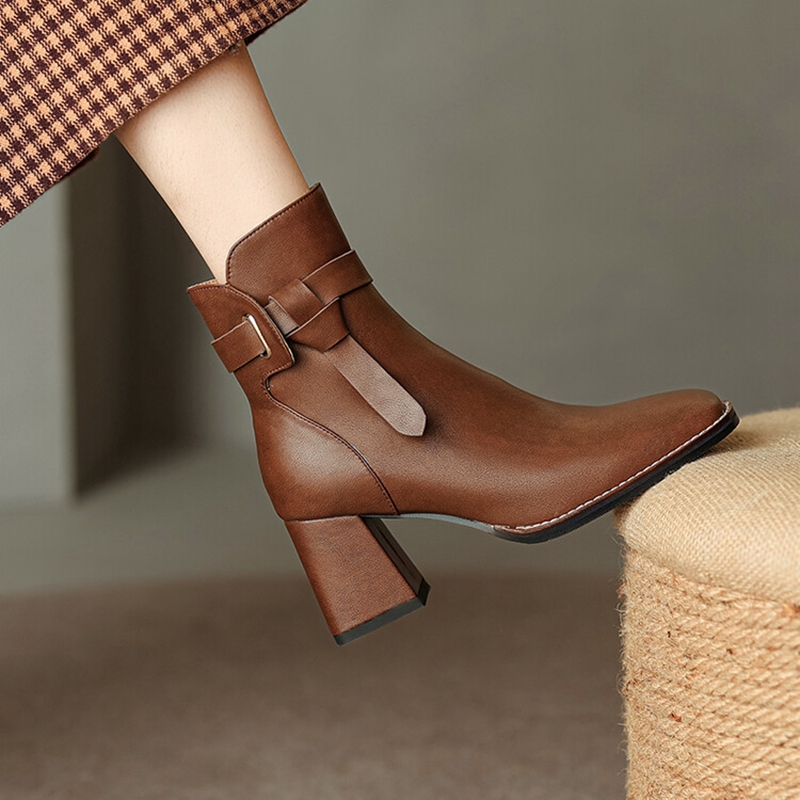 Casual NEW Split Leather Square Toe Chunky Shoes Winter Zipper Modern Women Solid High Heel Boots 70b6