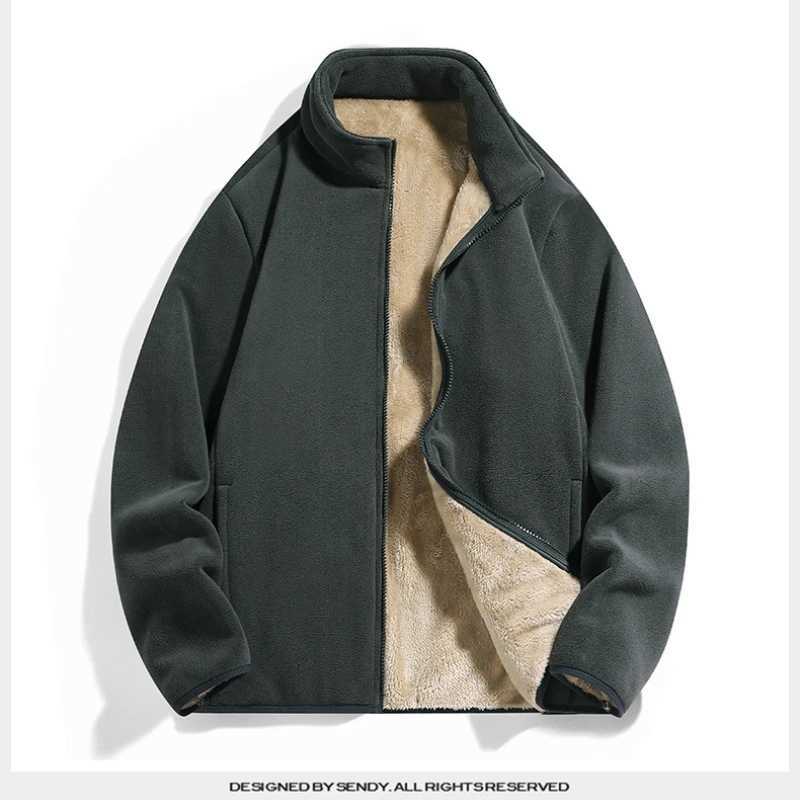 Winter mens collar solid zipper pocket simple casual with velvet thick loose long sleeved jacket top W240914