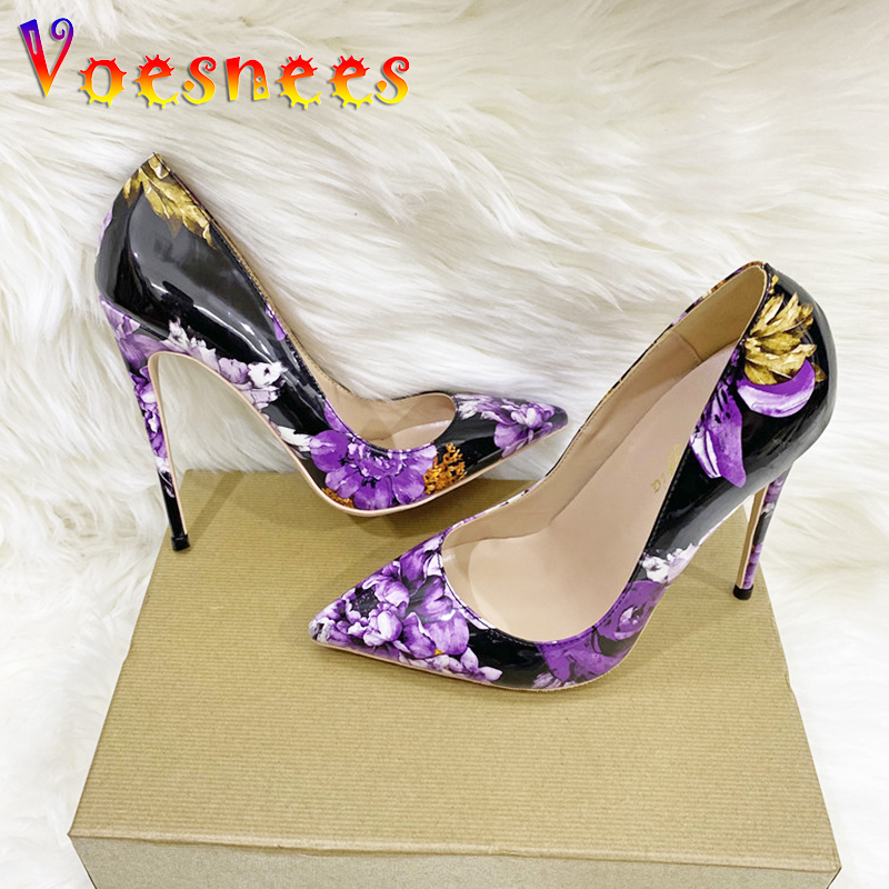 Purple Flower High Heels Autumn New Shallow Mouth Single Shoes 12CM Fashion Print Pumps Plus Size 43 Women Pointed Toe Stilettos