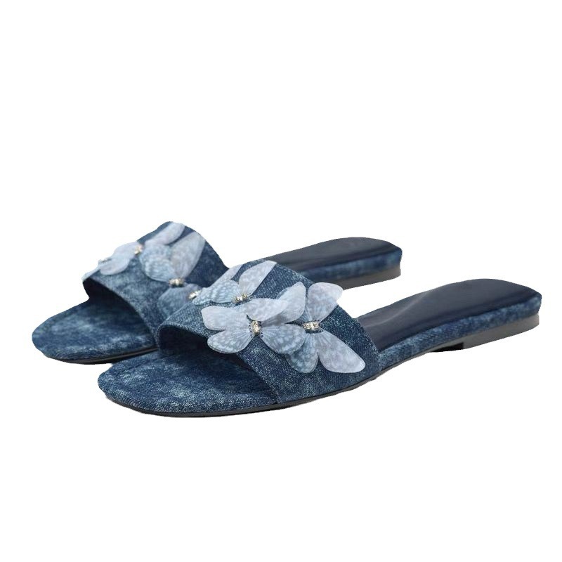 2024 Summer Flat Butterfly Decoration Slippers for Women's Fashion Denim Retro Flip ps Casual Beach Shoes Outdoor Slides