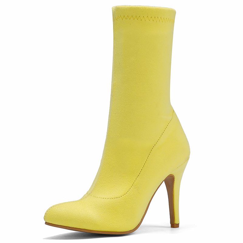 Women's Ankle Boot Elegant Flock Yellow Red Black Pink Sock Boot Slim Elastic Dance Fetish Party Shoes Lady Big Size 45