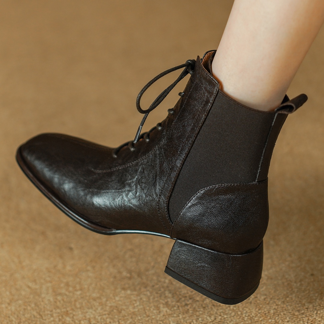 genuine Women's leather elastic patchwork lace-up autumn ankle boots 4cm thick low heel casual female short booties shoes woman e706