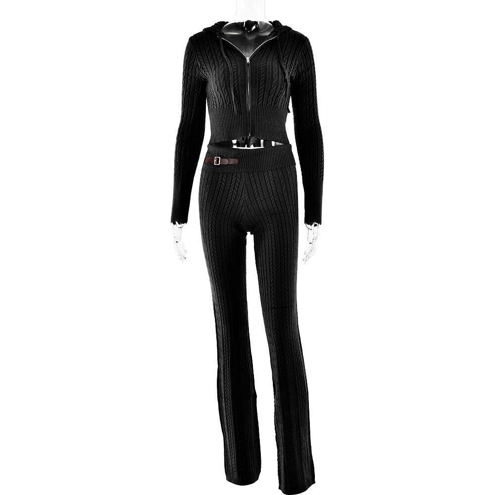 2024 Hot selling new sexy and fashionable long sleeved hooded top, straight leg pants, knitted sweater set for women