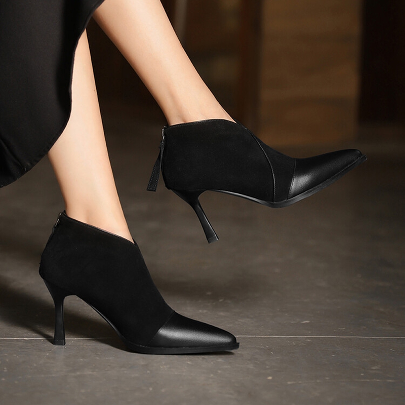 Autumn NEW Sheep Suede for Women Pointed Toe Thin Heel Ankle Genuine Leather Shoes Modern Boots 99bf