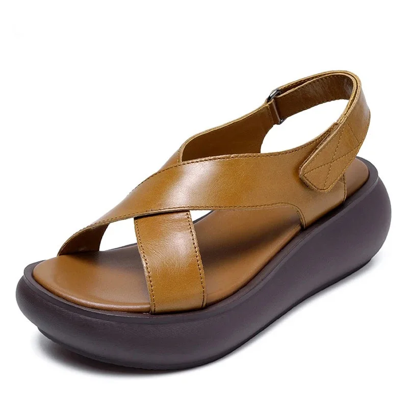 Women's Cross Strap Retro Sandals Soft Leather Platform Summer Thick Sole High Heels Ladies Wedges Shoes For Women Eu 35-40