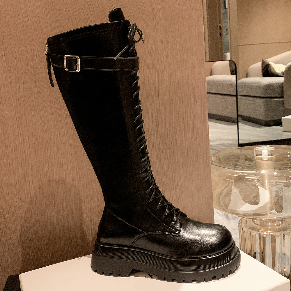 women's danxuefei genuine leather lace-up thick sole platform flats autumn knee high casual punk knight boots back zip hot 3683