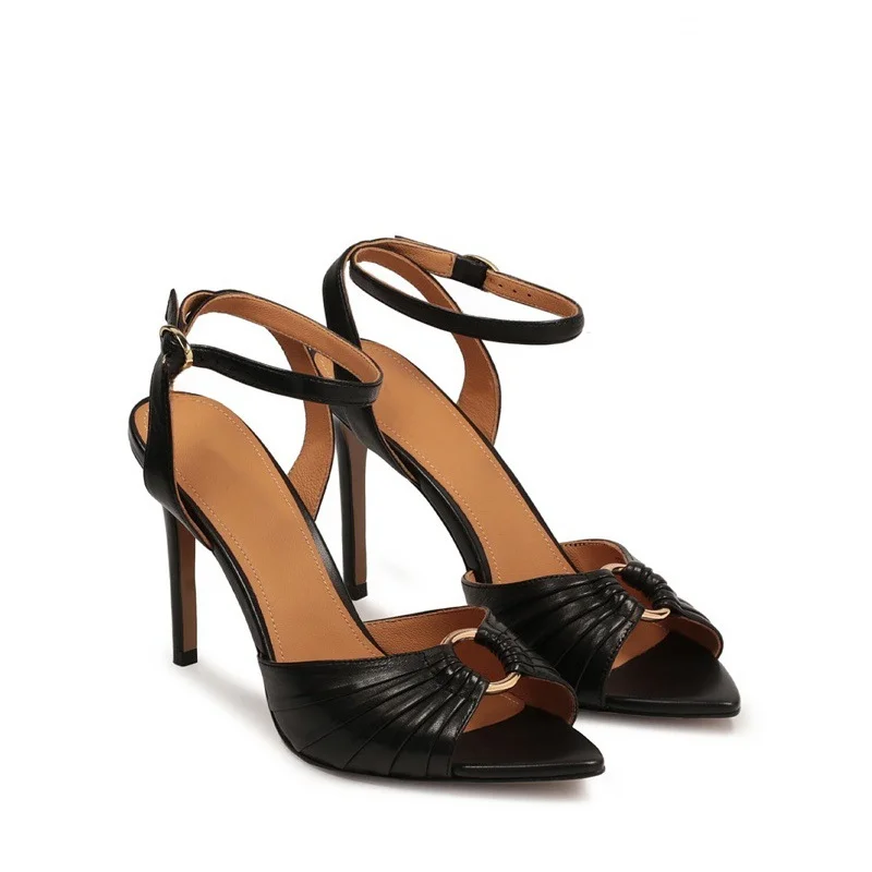 Brand Fashion Fish Mouth Metal Ring Fine Heel Sandals European American Ankle Strap Banquet Simple High-heeled Shoes Size 34-45