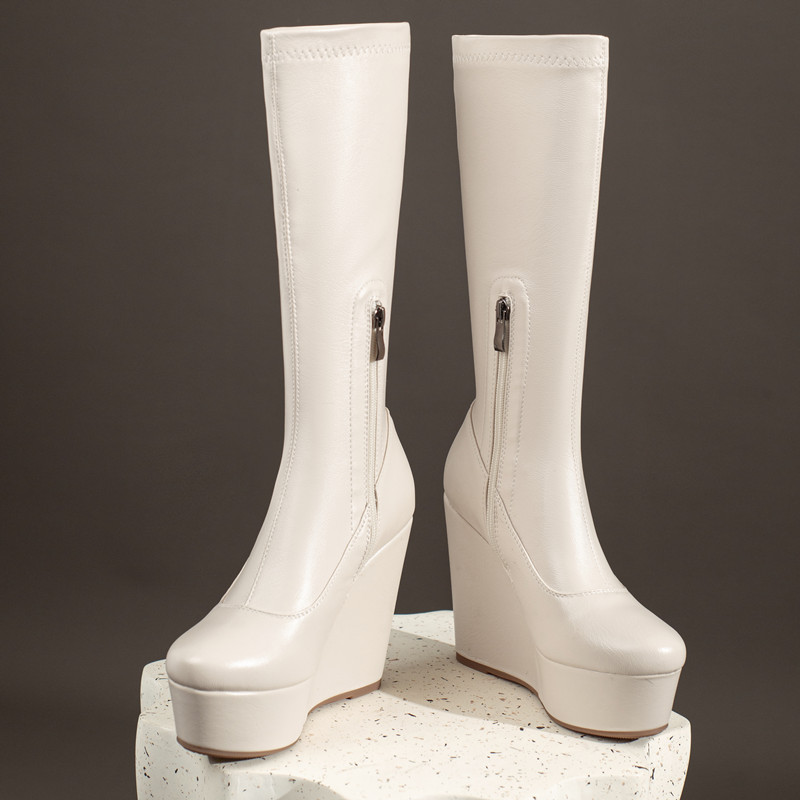 Woman Wedge Knee Boots Platform Heels Black White Elastic Thigh High Boot Autumn Winter Party Shoes Ladies Large Size dfc2