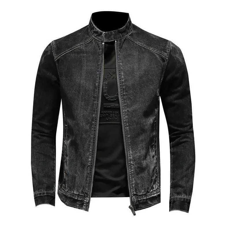 Autumn denim jacket mens long sleeved zipper retro black slim fit street fashion jacket W240914