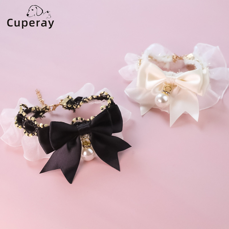Pet Collar Adjustable Cat Collar Necklace Jewelry Lace Stretch Bow Pearl Vintage Collar Necklace for Cat & Puppy Pet Accessories