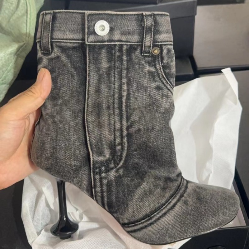 Spring Autumn New Irregular Heel Denim Skirt Edge Trouser Boots European American Women's Sewing High Heels Fashion Short Boots