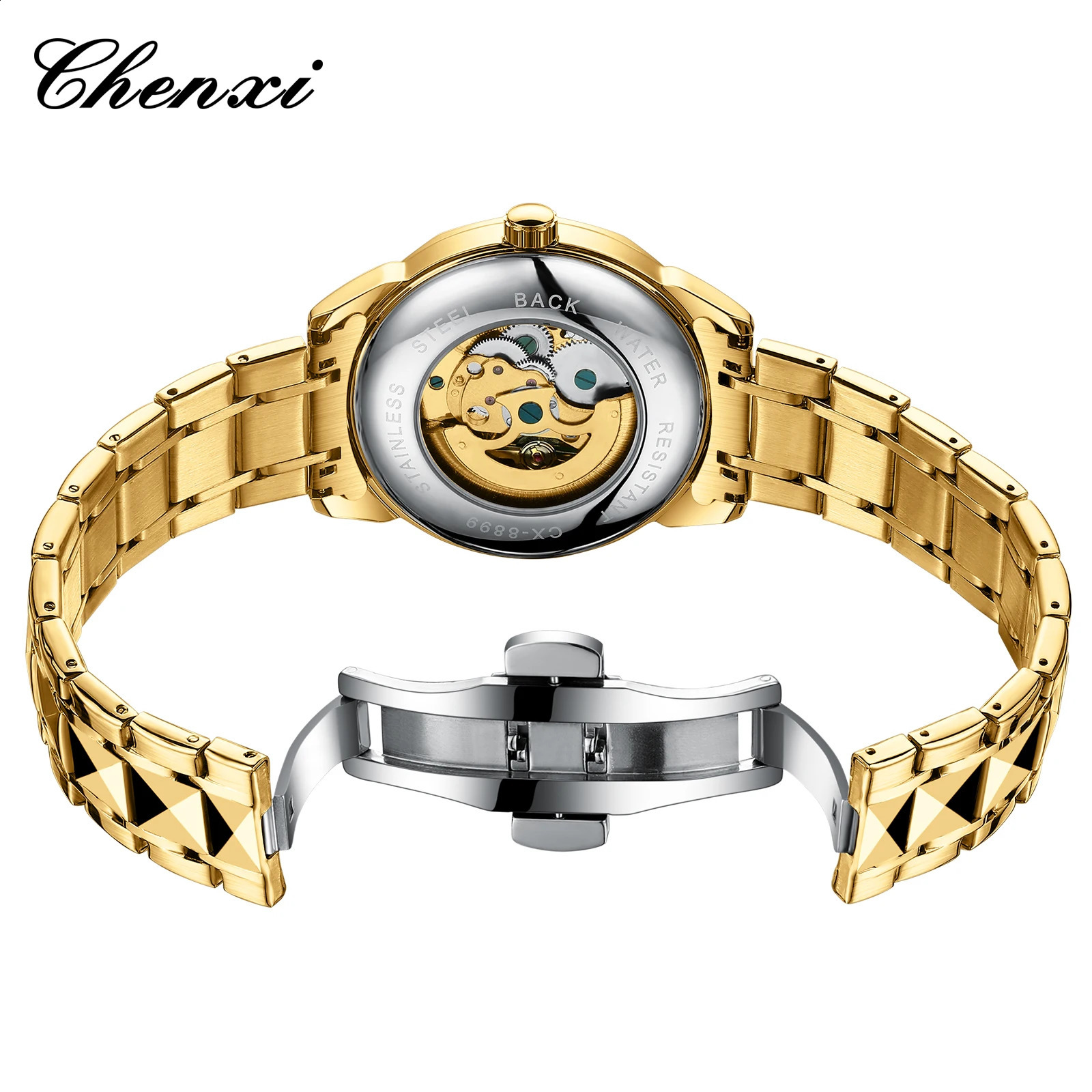 CHENXI 8899 Chinese nation Culture and Art 3D embossed dragon pattern gold automatic mechanical stainless steel watch for men 240906