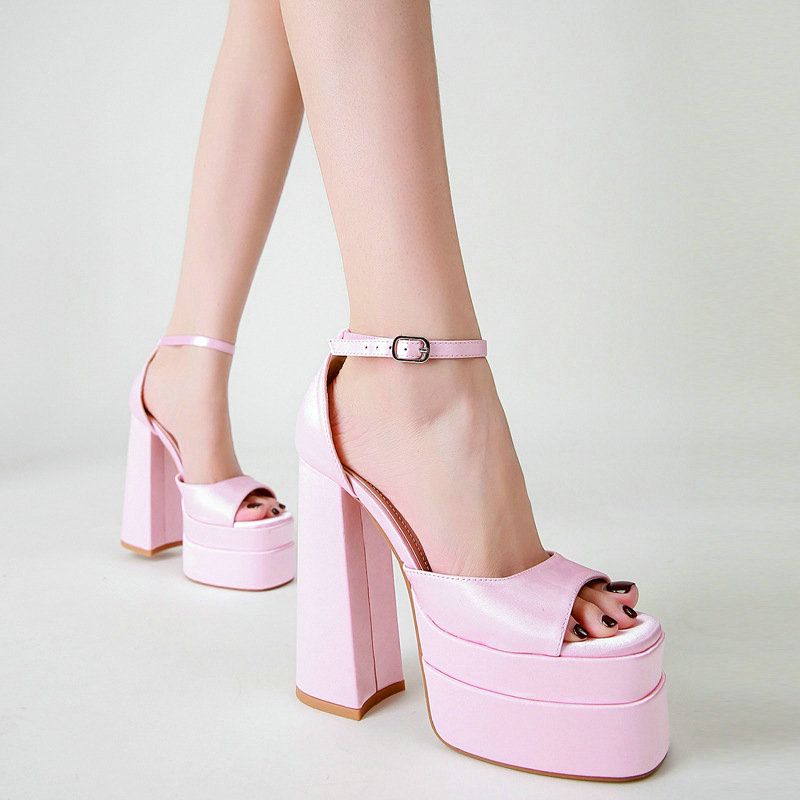 Summer 2024 New Products Square Head Hollow Thick Satin High Heel Fish Mouth Women's Shoes Plus Size Catwalk Sandals Trend 0b41