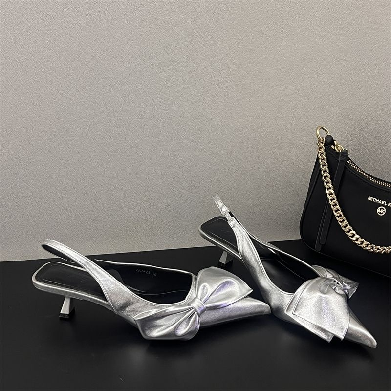 Europe and The United States Style Fashion Show Metal Tie High-heeled Sandals New Bow Decorated Pointed Toe Sandals Women Wear