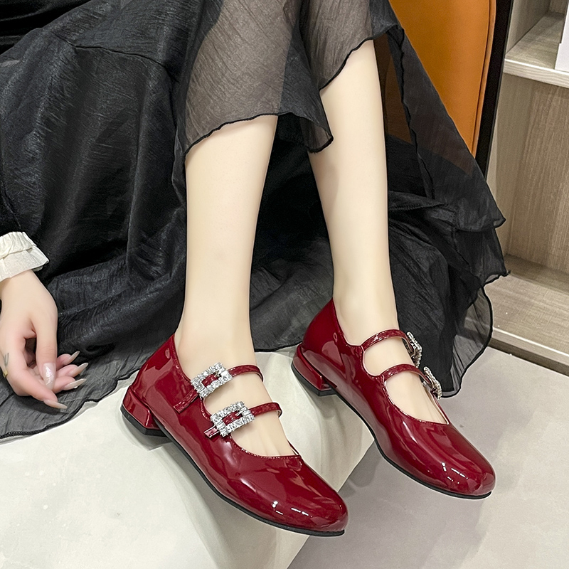 Women's Flats Patent Leather Mary Janes Shoes Square Toe Double Buckle Designer Shoes Black Red Low Heels Female Autumn