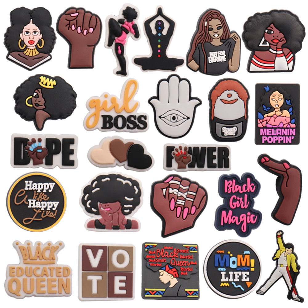 50Pcs Wholesale Fashion Girls Black Educated Queen Slippers Shoe Buckle Charms Yoga Accessories DIY Bracelet