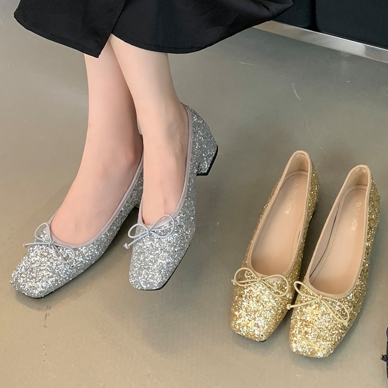 2025 new Fashion Golden Bg Footwear Designer Shallow Women Square Heel Female Slides Butterfly-Knot Ladies Heeled Pumps Shoes ef5e ed