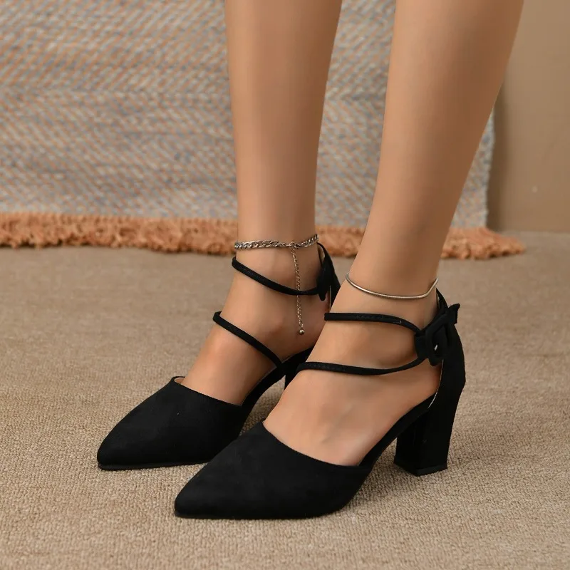 2025 new for Women Spring New Ladies Pointed Toe High Heels Comfortable Chunky Heel Pumps Simple and Elegant Black Dress Shoes d715