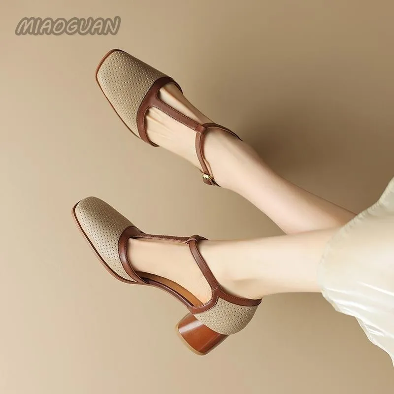 2025 new Hollow Baotou Retro Thick Heel Women Pumps New Color Blocking Fashion Ankle Buckle Females Elegant High Heels Party Dress Shoes be45 s 1798