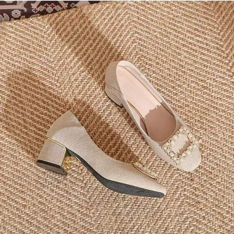 Summer Women Crystal Beaded High Heels Chunky Fashion Dress Shoes Elegant Shallow Femme Pumps ec72