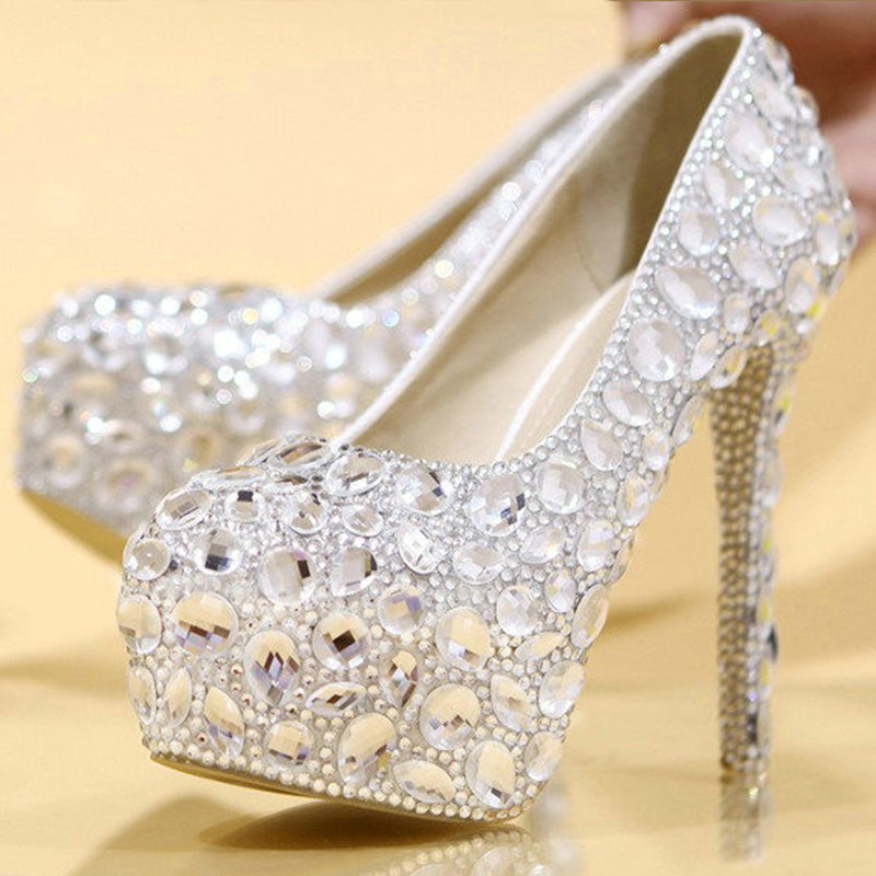 White Diamond women wedding shoes Bride High Heels Shoes Ladies Super Party Dress Shoes Woman Pointed Toe