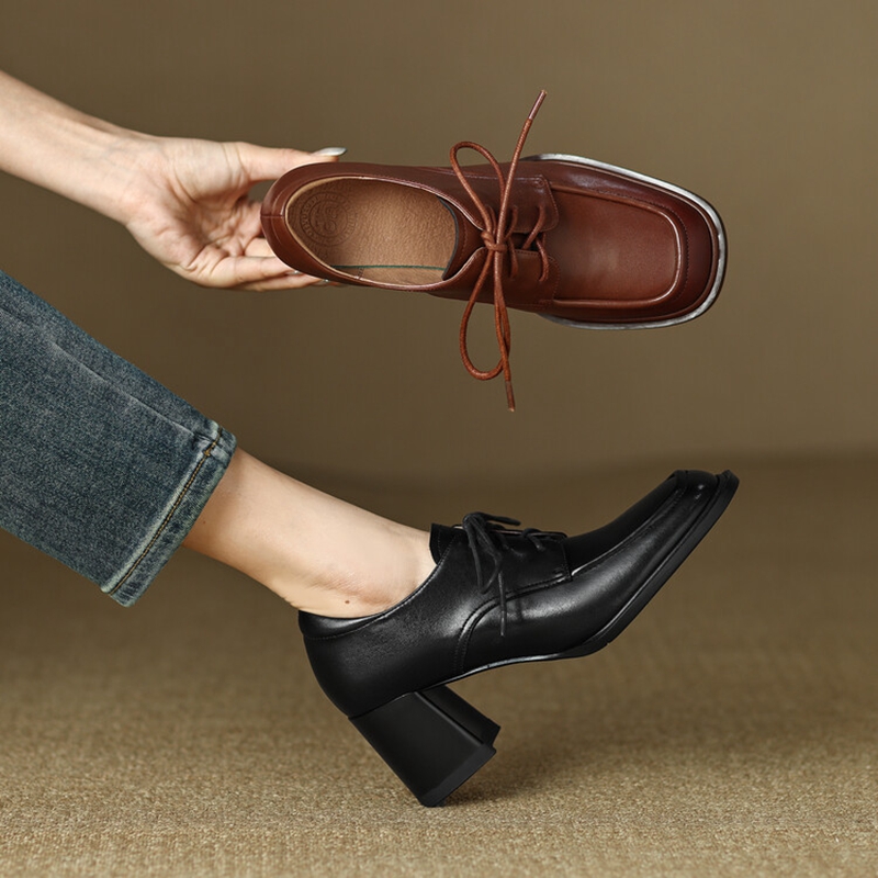 Spring 2023 Loafers Split Leather Pumps Round Toe Square Casual High Heel Women Lace-up New Shoes 0320