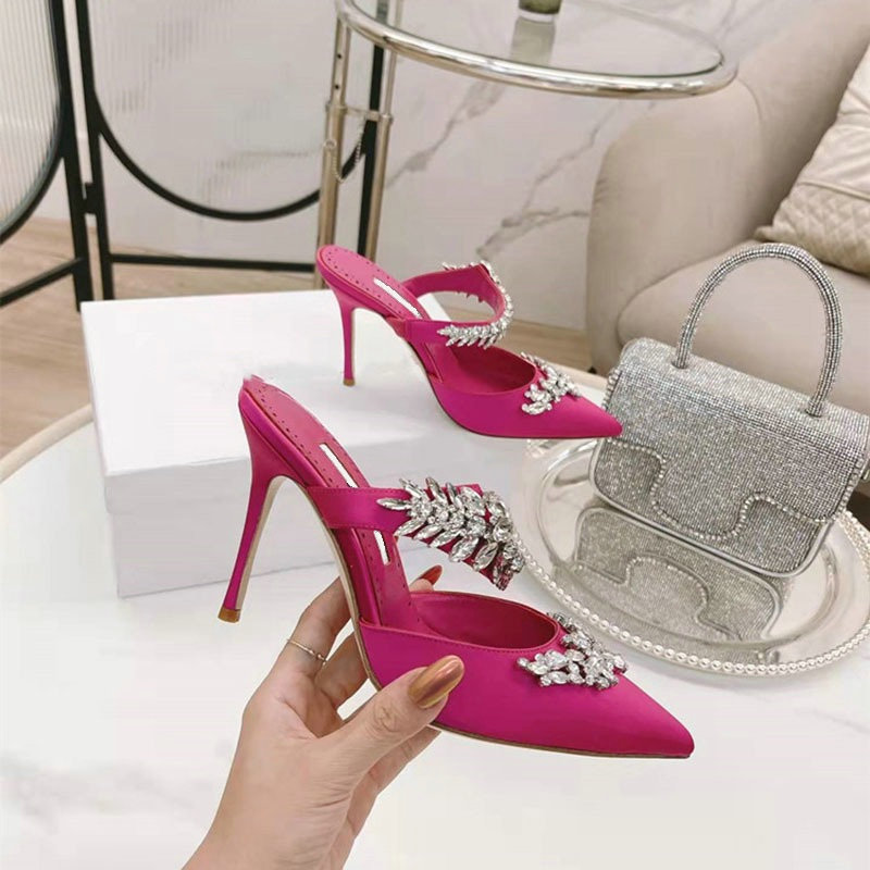 Crystal Slipper Mueller Shallow Mouth Pointed Silk Rhine-drill High White Slender Heels Wedding Shoes