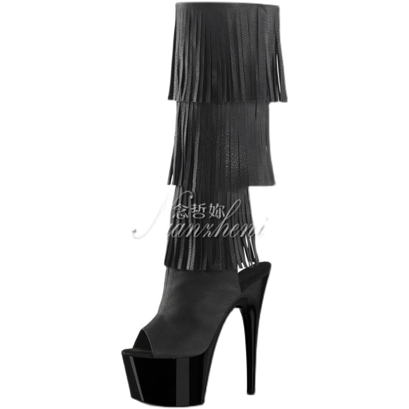 Red High Heels Peep Toe 15cm Fringe Platform Mid-Calf Strip Pole Dance 20cm Women's Catwalk Gothic Punk Cross Dressing Nightclub