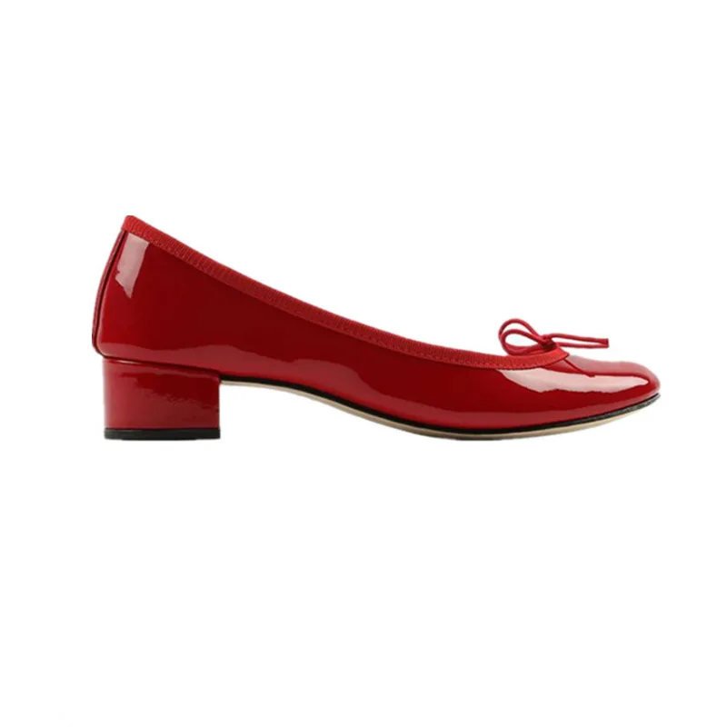 French Vintage Single Round Head Ballet Slippers Low Heel Shallow Sole Patent Leather Small Red Shoes Summer Women's Flats