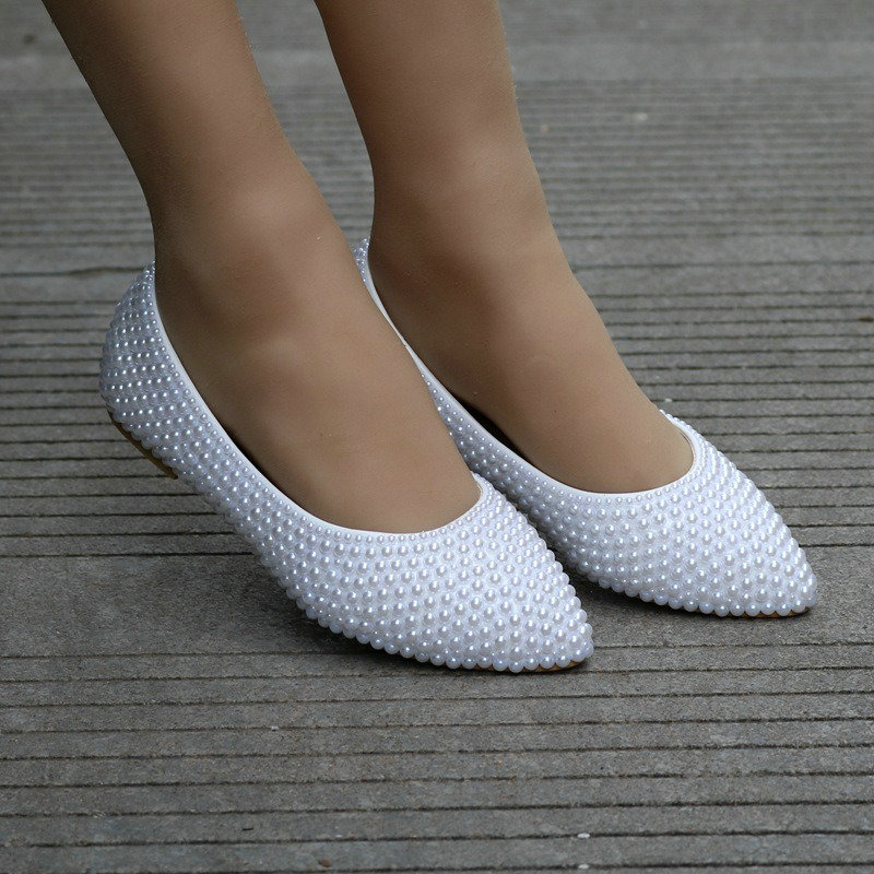 White Flat Bridesmaid Shoes Bride Wedding Pumps Women's Single Shoes Handmade Pearl Maternity Shoes