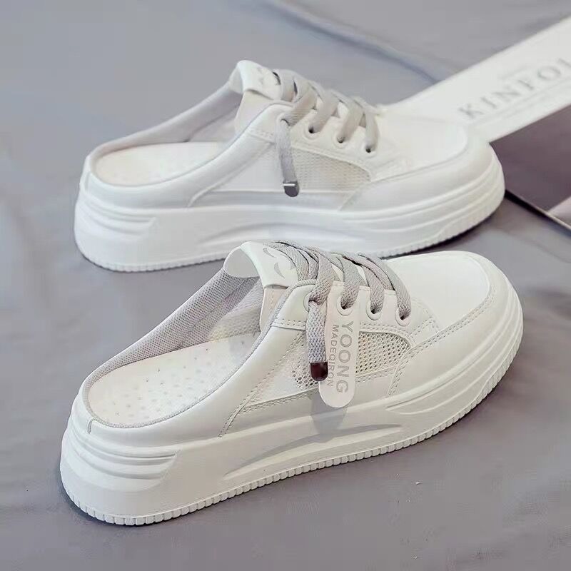 Round Head Lace-up Net Fabric Casual Slippers 2024 Summer Smiling Face Thick White Shoes Street Shoot Trend Net Women's Shoes