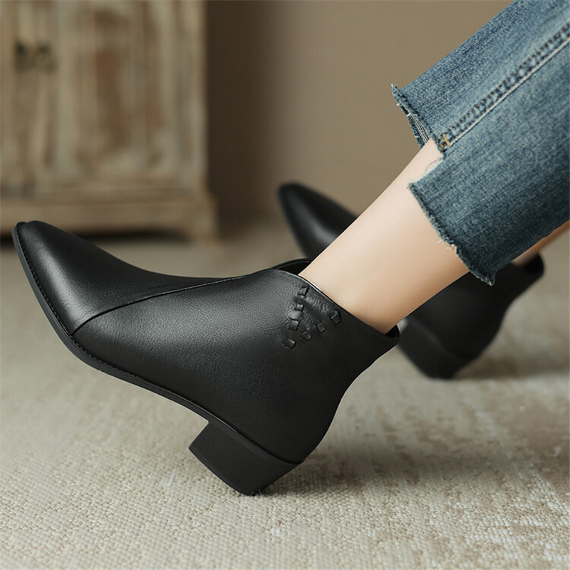 New Genuine Leather Ankle Pointed Toe Chunky Heel for Winter Fashion Short Concise Women Boots